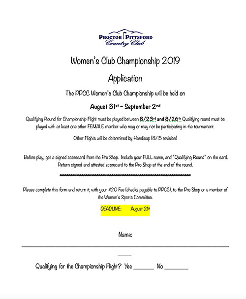 2019 Women's Club Championship - 8/31-9/2 - Applications Now Available