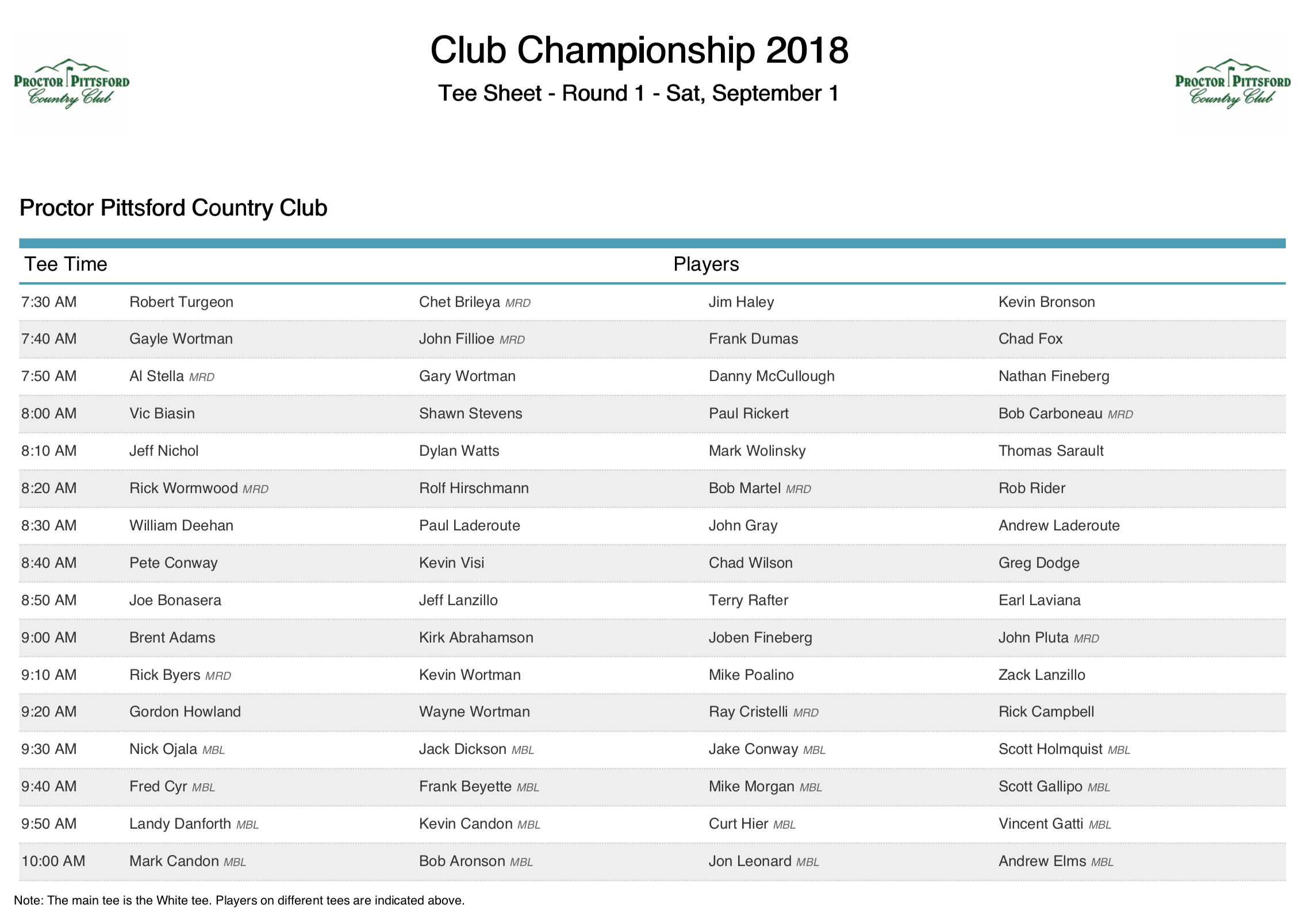2018 Men's Club Championship - Saturday Tee Times - 9/1