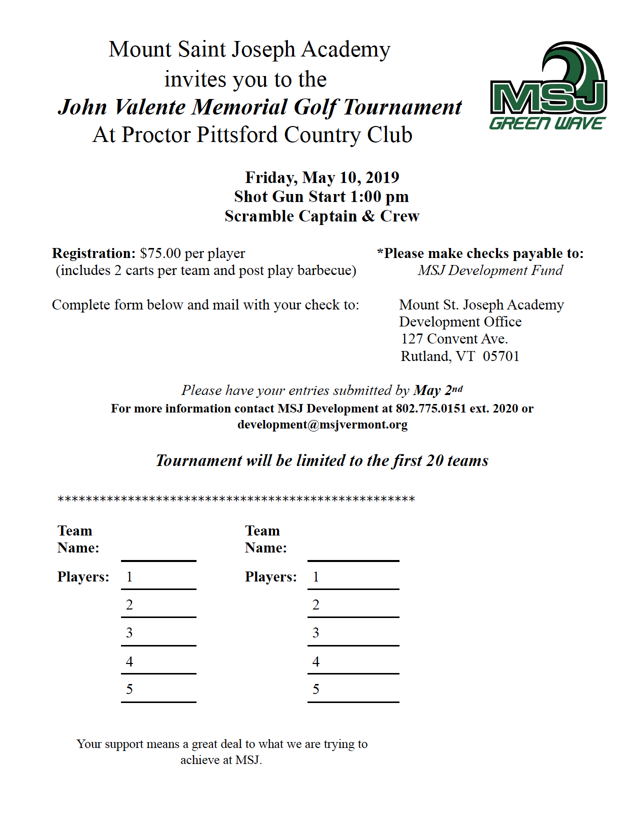 Invitation for John Valente Memorial Tournament 2019